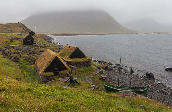 A maritime museum located in the village of Bolungarvík, Vestfirðir, Iceland showing a double 19th century fishing base, a salt hut, a fish drying are