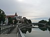 Stadtansicht von Neuburg an der Donau mit Donaukai, Schloss, Donau und Elisenbrücke