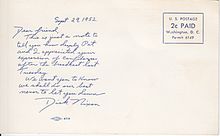 Preprinted postcard sent by Nixon to supporters who had written after the speech Nixon 1952 postcard.jpg