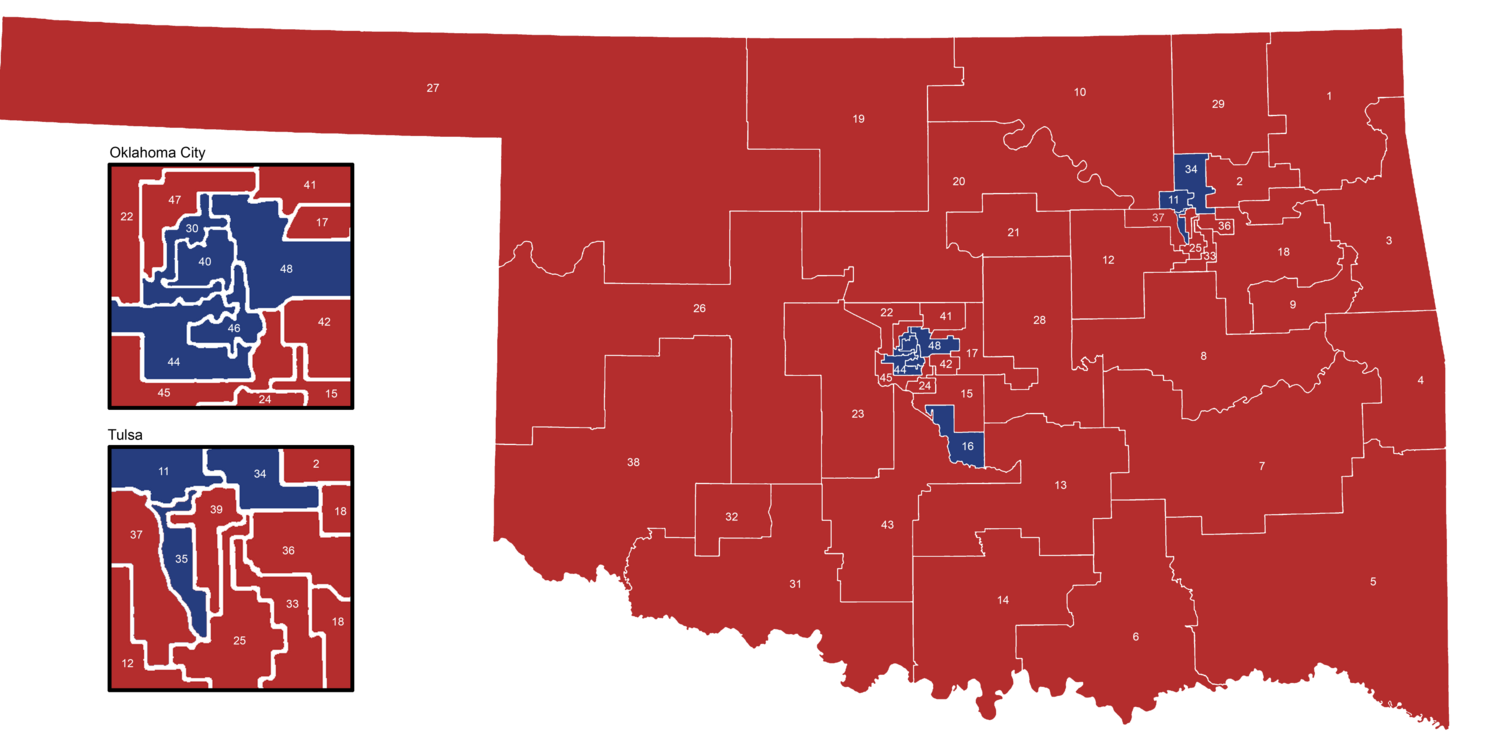 Oklahoma Senate districts after the 2020 elections.   Democratic Party   Republican Party
