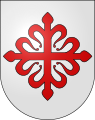 Arms of the Military w:Order of Calatrava (founded 1164, Kingdom of Castile, Cistercian Order): Argent, a Cross of Calatrava (a stylised cross flory gules). Represents the Cistercian white mantle (White Monks) charged with a red cross