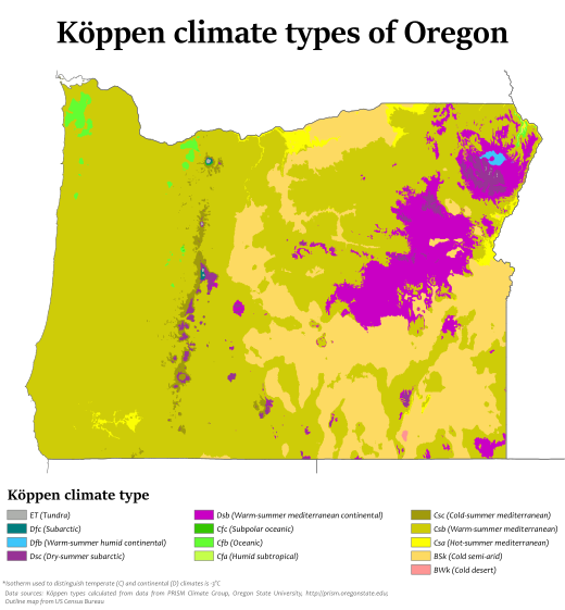 Köppen klimaatzones van Oregon