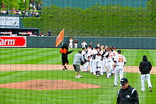 The Orioles celebrate a 6–5 victory over the Mariners at Camden Yards on May 13, 2010.
