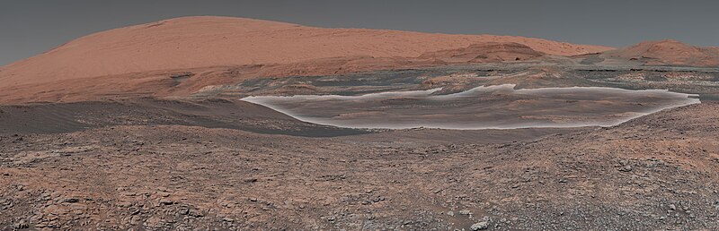 Curiosity views a region of clay-bearing rocks (highlighted) on the slopes of Mount Sharp.