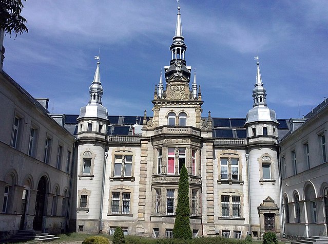 An image of the mansion taken from the inside of the courtyard showing the centre roof pinnacle