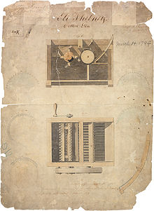Eli Whitney's original cotton gin patent, dated March 14, 1794 Patent for Cotton Gin (1794) - hi res.jpg