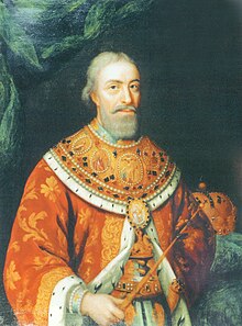peinture représentant un souverain à la barbe grise et portant une cape orange doublée d'hermine et tenant des regalia