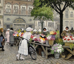 En pige med cykel køber sommerblomster på Højbro Plads, målning av Paul Fischer, omkring 1900.