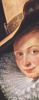Close-up van Isabella, met de fijne kanten kraag en de directe, voor die tijd opvallend weinig afstandelijke blik in haar ogen.