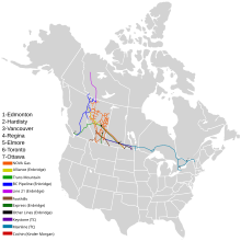 Map of all pipelines regulated by the Canadian Energy Regulator that originate from Alberta. Petroleum Infrastructure Alberta CER.svg