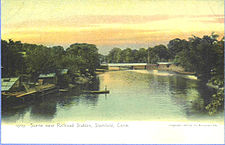 Mill River scene just south of Railroad bridge, circa 1905 PostcardStamfordCTMillRiverSceneNearRRSta1901TO1907.jpg