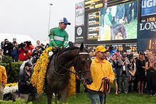 Desormeaux and Exaggerator in the Preakness winner's circle Preakness 2016 (26921278990).jpg