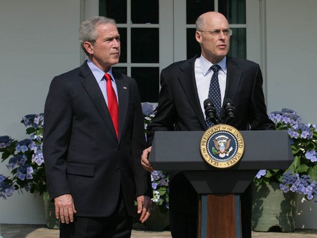 Paulson (right) with President George W. Bush as his nomination to become Treasury Secretary is announced