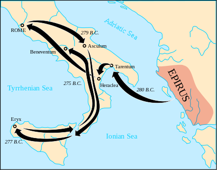 Routes taken against Rome and Carthage in the Pyrrhic War (280–275 BC).