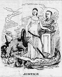 Philadelphia Inquirer editorial cartoon from April 22, 1899, showing Quay vindicated by Lady Justice Quay vindicated.jpg