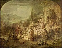 Maalaus, joka kuvaa Johannes Kastajaa saarnaamassa suurelle joukolle hänen alapuolellaan ja ympärillään ulkona.
