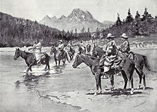 A drawing shows a group of about 10 people on horseback, fording a river