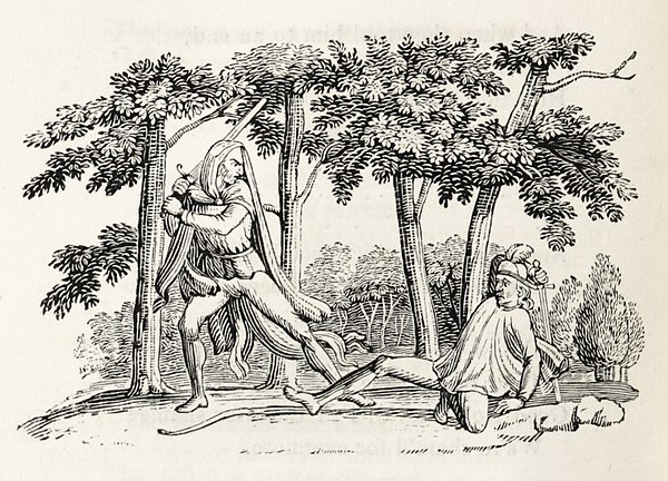 Robin Hood and Guy of Gisborne, woodcut print, Thomas Bewick, 1832