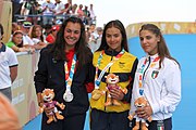 Deutsch: Badminton bei den Olympischen Jugendspielen 2018; Tag 2, 8. Oktober 2018; Siegerehrung Mädchen English: Roller speed skating at the 2018 Summer Youth Olympics; day 2, 8 October 2018 – Girls Victory Ceremony