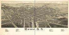 Perspective map of Rome with list of landmarks from 1886 by L.R. Burleigh