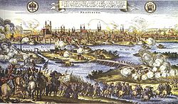 The sack of Magdeburg in 1631. The Imperialist troops, particularly the Croat and Walloon regiments, went on a rampage of murder and mayhem that left only 10,000 survivors out of the city's 30,000 citizens and defenders. It was the war's worst massacre. Sack of Magdeburg 1631.jpg