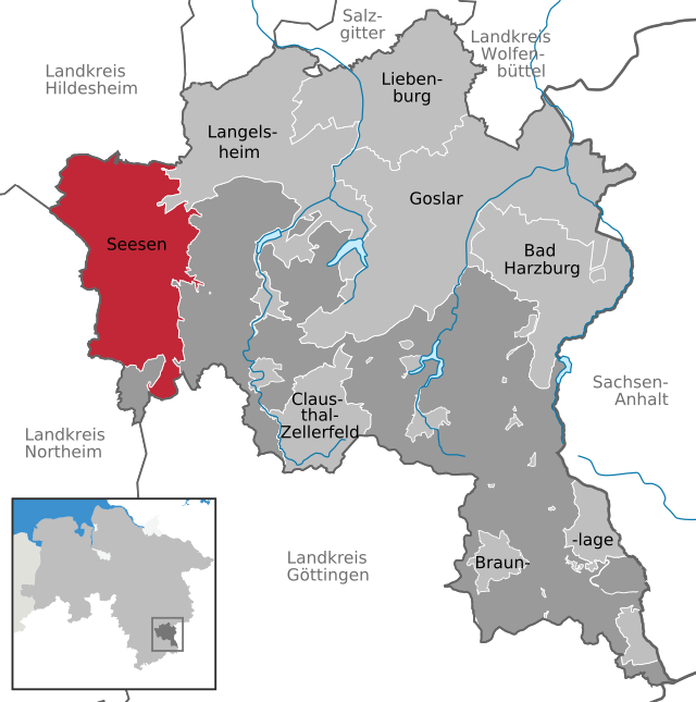 Läget för staden Seesen i Landkreis Goslar