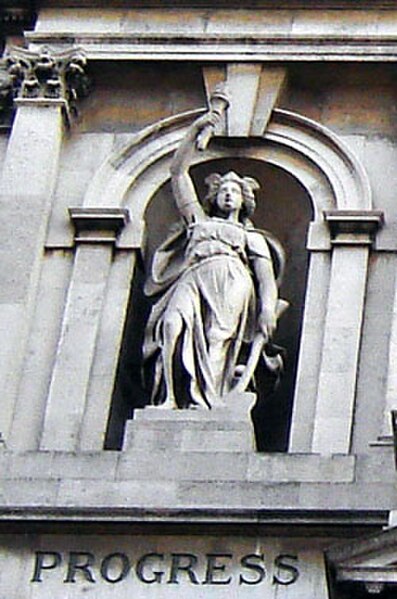 Detail of the town hall facade. Note that the imposing figure representing Progress carries an axe to clear the way to the future. (September 2005)