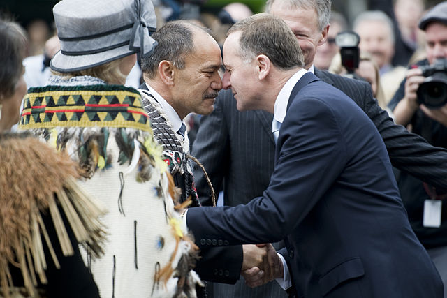 Governor-General Sir Jerry Mateparae performs a hongi with the Prime Minister at his swearing-in ceremony outside parliament, 31 August 2011