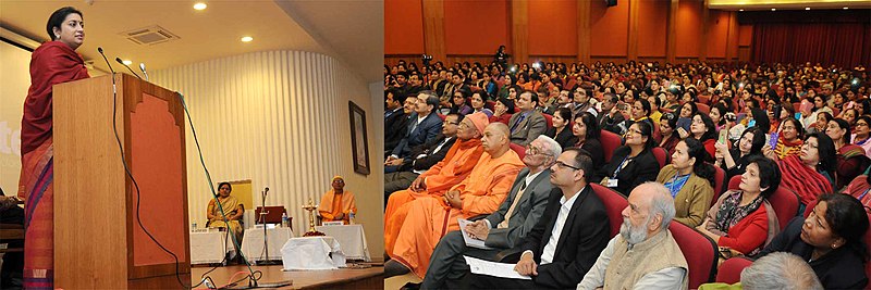 File:Smriti Irani addressing at the Nation-Wide inaugural ceremony of Value Education, organised by Ramakrishna Mission, in New Delhi. The Secretary of Delhi Ramakrishna Mission, Swami Shantatmananda is also seen.jpg