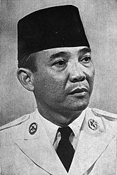 A black-and-white three-quarters view of Sukarno's face