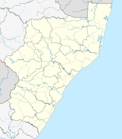 Mapa konturowa KwaZulu-Natalu, blisko centrum na dole znajduje się punkt z opisem „Kings Park Stadium”
