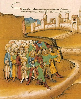 First arrival of the Romanies outside Bern in the 15th century, described by the chronicler as getoufte heiden ("baptized heathens") and drawn with dark skin and wearing Saracen-style clothing and weapons[198]