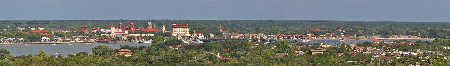 Panorama of Castillo de San Marcos, Flagler College and downtown St. Augustine from lighthouse, June 2011