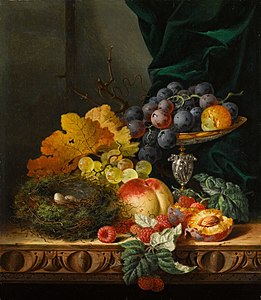 101. Edward Ladell label QS:Len,"101. Edward Ladell" Still Life with a Bird's Nest and a Tazza Overspilling with Peaches, Plums, Grapes and Raspberries on a Carved Wooden Table