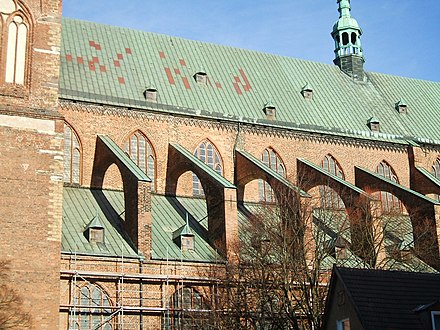 The church of St Nicholas, Stralsund in Germany – the clerestory is the level between the two green roofs, reinforced here by flying buttresses