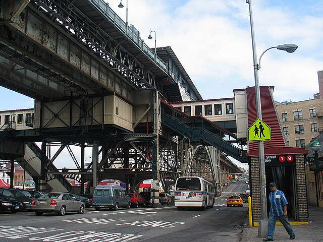 The 125th Street station (1 train) at Broadway and 125th Street, one of Manhattanville's primary subway stations. Visible on the signage is the former