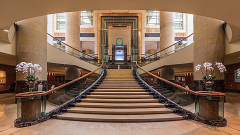 Symmetric view of the staircase at The Fullerton Hotel, Singapore