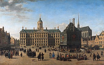 The Dam Square in Amsterdam, by Gerrit Adriaensz Berckheyde, c. 1660. In the picture of the centre of highly cosmopolitan and tolerant Amsterdam, Muslim/Oriental figures (possibly Ottoman or Moroccan merchants) are shown negotiating. While the VOC was a major force behind the economic miracle of the Dutch Republic in the 17th-century, the VOC's institutional innovations played a decisive role in the rise of Amsterdam as the first modern model of a (global) international financial centre.