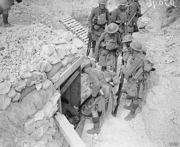 Battle of the Scarpe. Capture of the Greenland Hill by the 51st Division. Daylight patrol of the 1/6th Battalion, Seaforth Highlanders, working forwar