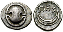 The thyroid was named by Thomas Wharton after the ancient Greek shield of a similar pronunciation. Shown is an example of such a shield, as engraved on a coin dating from 431 to 424 BCE. Thespiae 431-424 BC.jpg