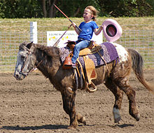 Une petite fille chevauche au galop un poney trapu.