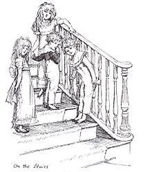 Grabado.  Cuatro niños están al acecho, en los escalones de una escalera.