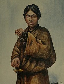 A 1905 illustration of a Tibetan man spinning wool Tibetan spinning wool.jpg