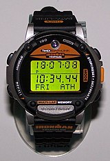 Timex Ironman Triathlon Datalink model 78401 worn by astronaut Daniel T. Barry on the STS-72 Space Shuttle Endeavour and cosmonaut Sergei K. Krikalev, Expedition 1, on the ISS, Maksim Surayev during Expedition 22, and others. Timex Ironman Triathlon Datalink.JPG