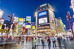 Az emberek alkonyatkor keresztezik a forgalmas Shibuya kereszteződést, amelyet elektronikus hirdetőtáblák szegélyeznek