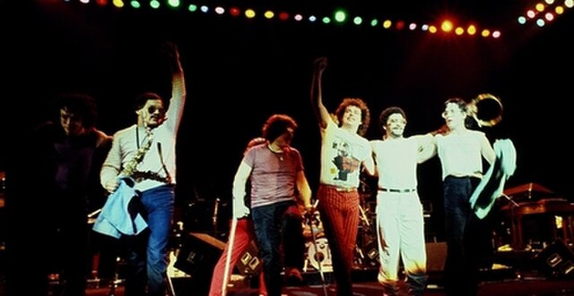 Toto in 1982 in London at the Hammersmith Odeon. (Steve Porcaro, Jon Smith, Bobby Kimball, Steve Lukather, Lenny Castro, Jeff Porcaro)