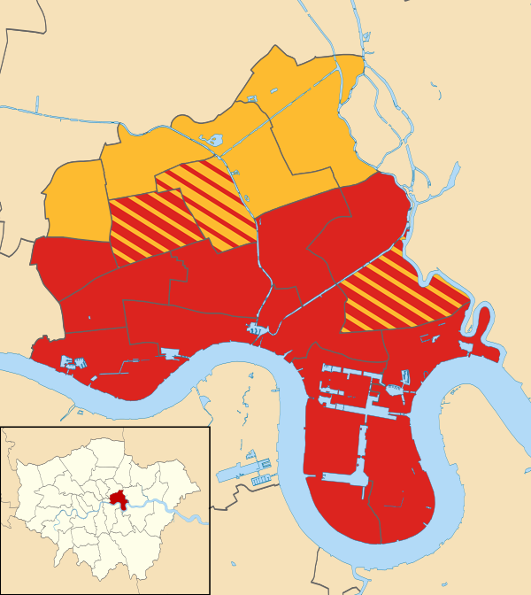 Map of the results of the 2002 Tower Hamlets council election. Labour in red and Liberal Democrats in yellow.