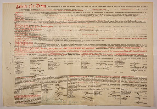 A large piece of parchment paper with detailed, small text of the treaty.