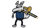 A variation of the Petr the Anteatr sticker, depicting a trombone player of the UC Irvine Anteater Band