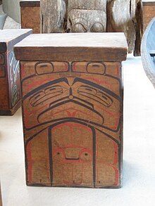 A red cedar Tsimshian bentwood box dating from the 1880s, on display at the UBC Museum of Anthropology Tsimshian box (UBC-2009).jpg